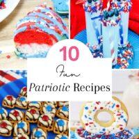 A collage of vibrant, patriotic-themed food items with text in the center reading