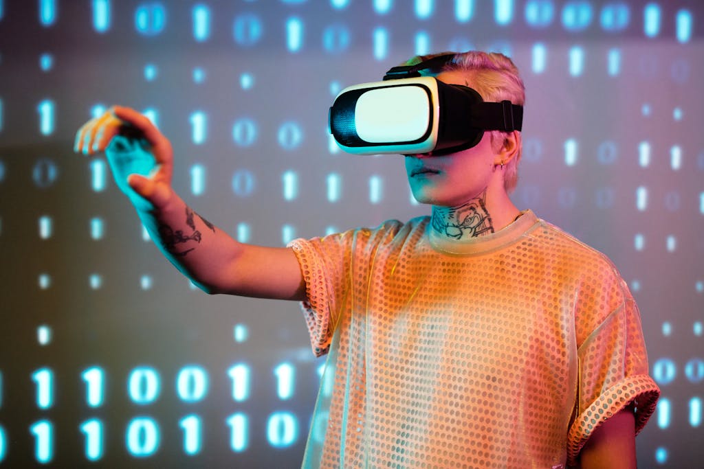 A person experiences virtual reality with a headset against a background of binary code.