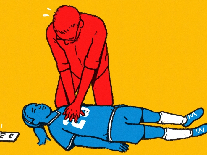 Adult performs CPR on a young athlete, illustration with red and blue figures