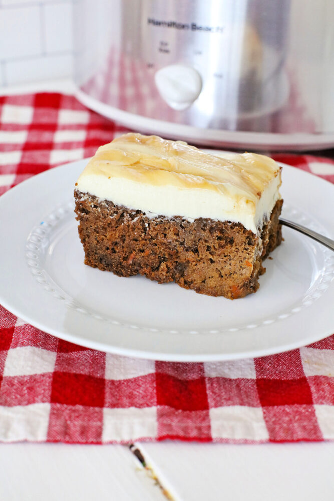 Crock Pot Carrot Cake with Caramel Dolce Cream Cheese Frosting