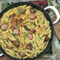 Pan filled with Cajun Alfredo made with Eckrich Smoked Sausage