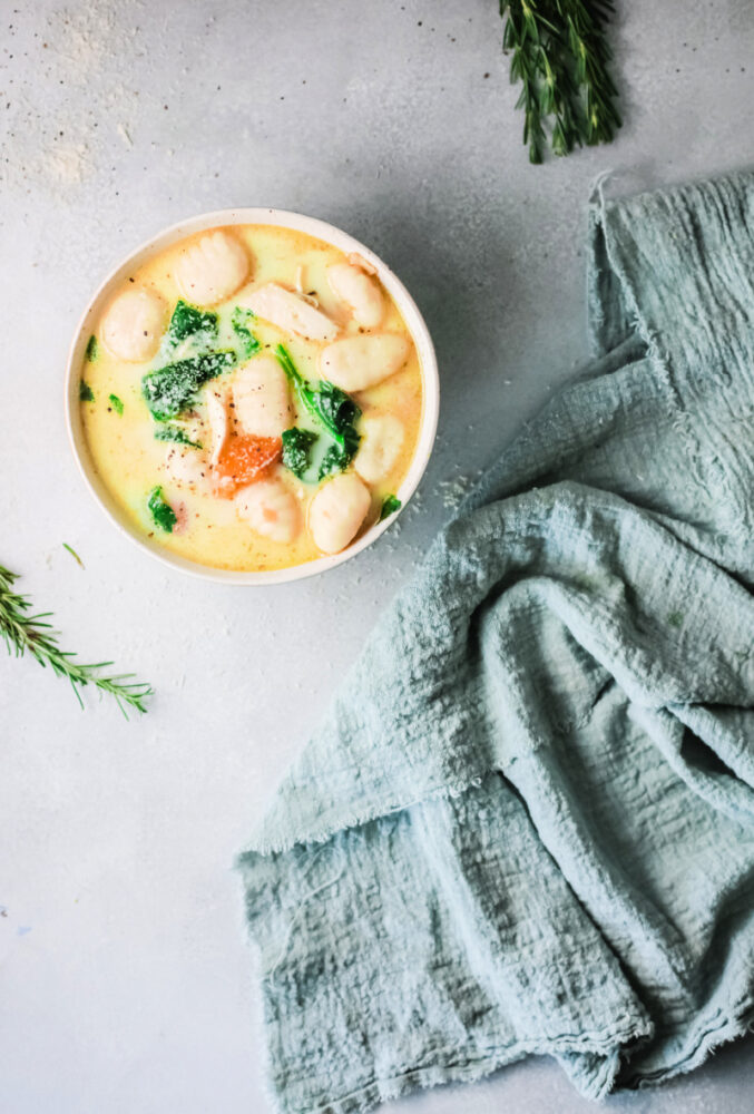 Bowl of Instant Pot Chicken Gnocchi Soup