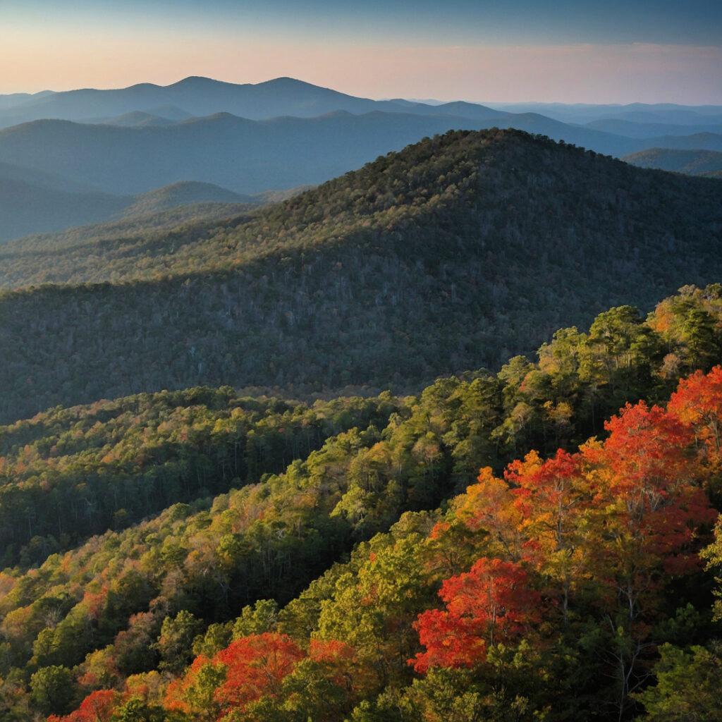 A scenic view of forested mountains during fall, with trees displaying autumn colors in the foreground and rolling hills fading into the distance under a blue sky—one of the many breathtaking sights to explore when considering things to do in South Carolina.