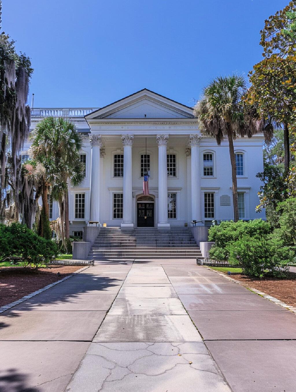 A white neoclassical building with tall columns, surrounded by palm trees and greenery, with a concrete path leading up to its entrance. An American flag hangs above the front door, making it one of the notable things to do in South Carolina.