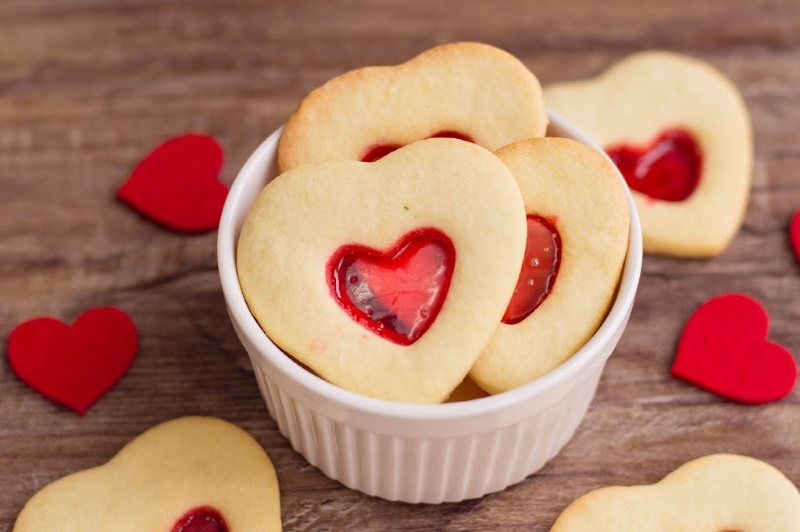 heart cookies on bowl on table