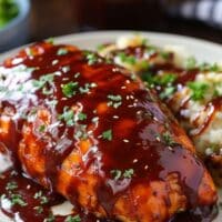 Bbq chicken is topped with bbq sauce