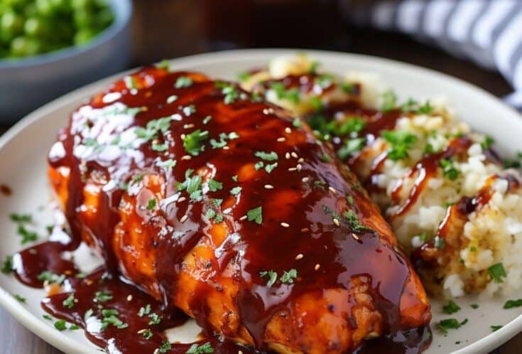 Bbq chicken is topped with bbq sauce