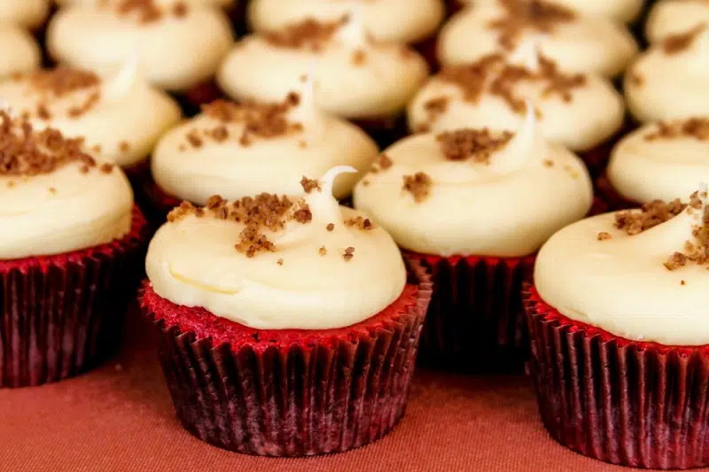 Red velvet cupcakes with cream cheese frosting