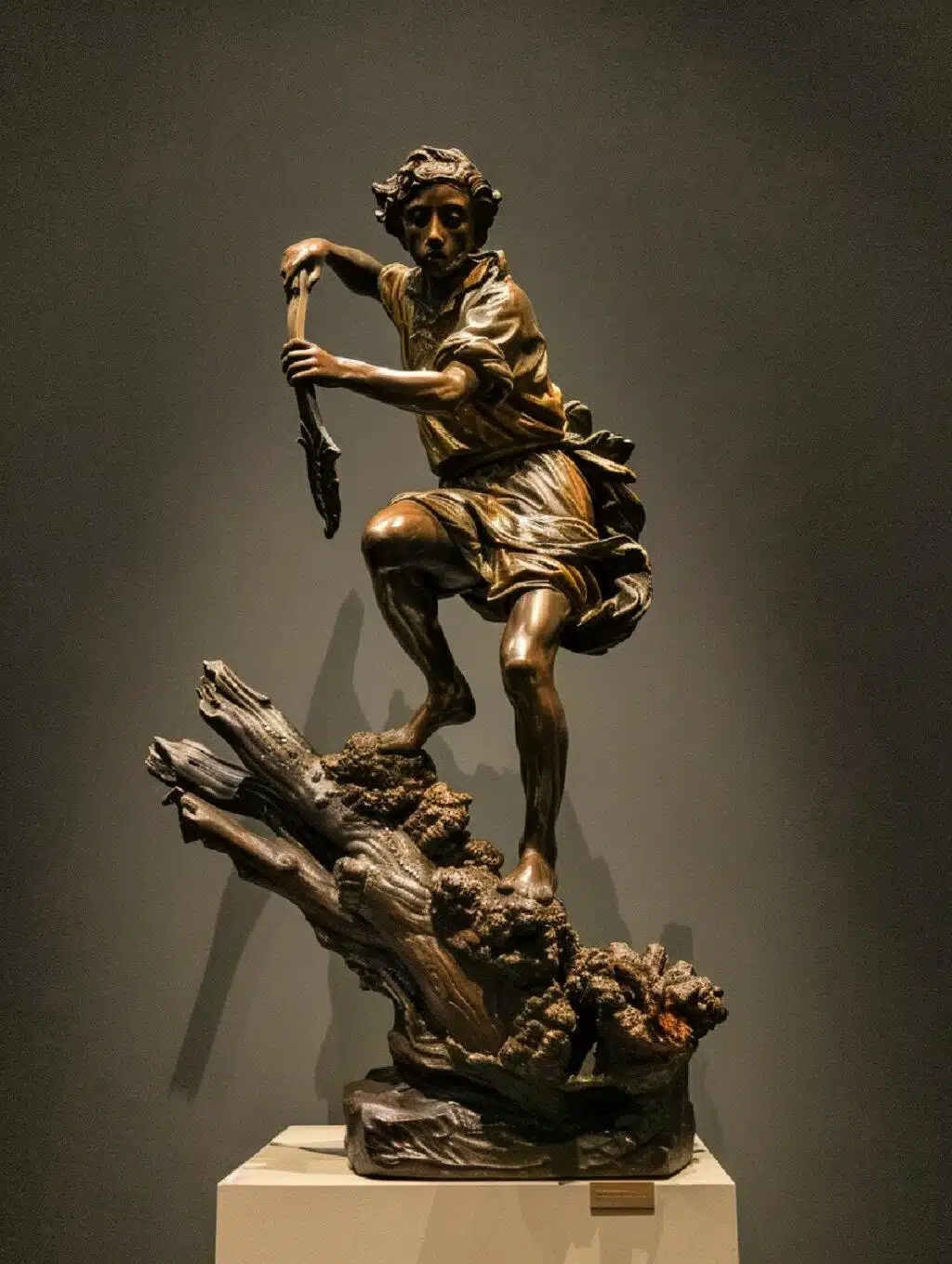 Bronze sculpture of a young male figure poised on a tree trunk, holding a small object in his right hand, exhibited on a pedestal against a dark background—a must-see if you're exploring things to do in South Carolina.