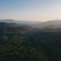 Aerial view of a vast, forested mountain landscape under a clear blue sky with a distant town nestled in the valley, perfect for a stress-free family vacation.