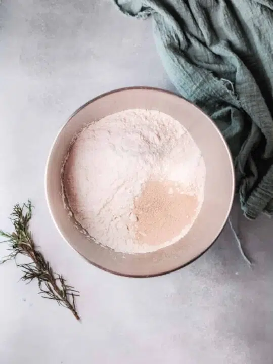 flour and yeast in a mixing bowl