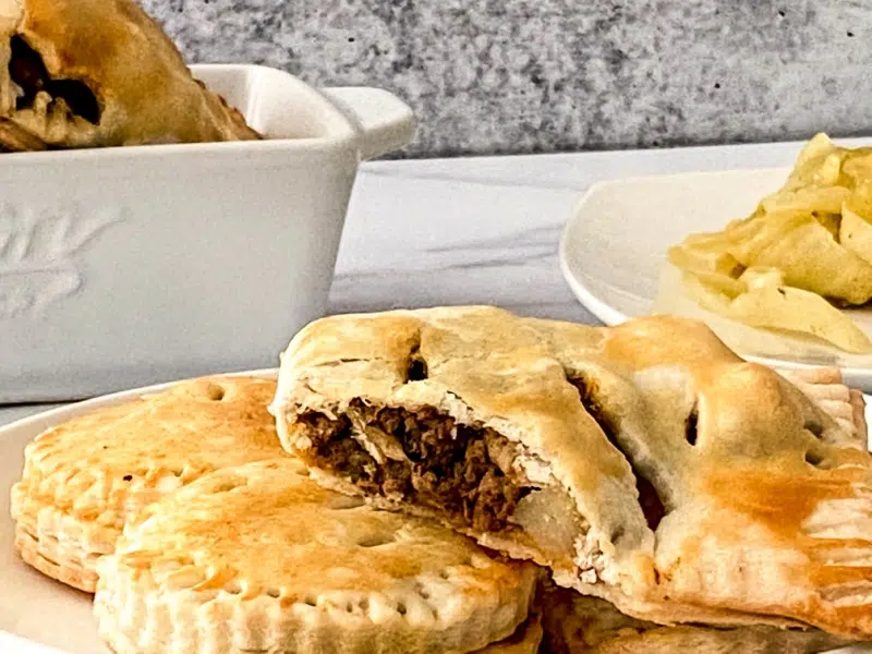 Irish Meat Pies cut in half on plate