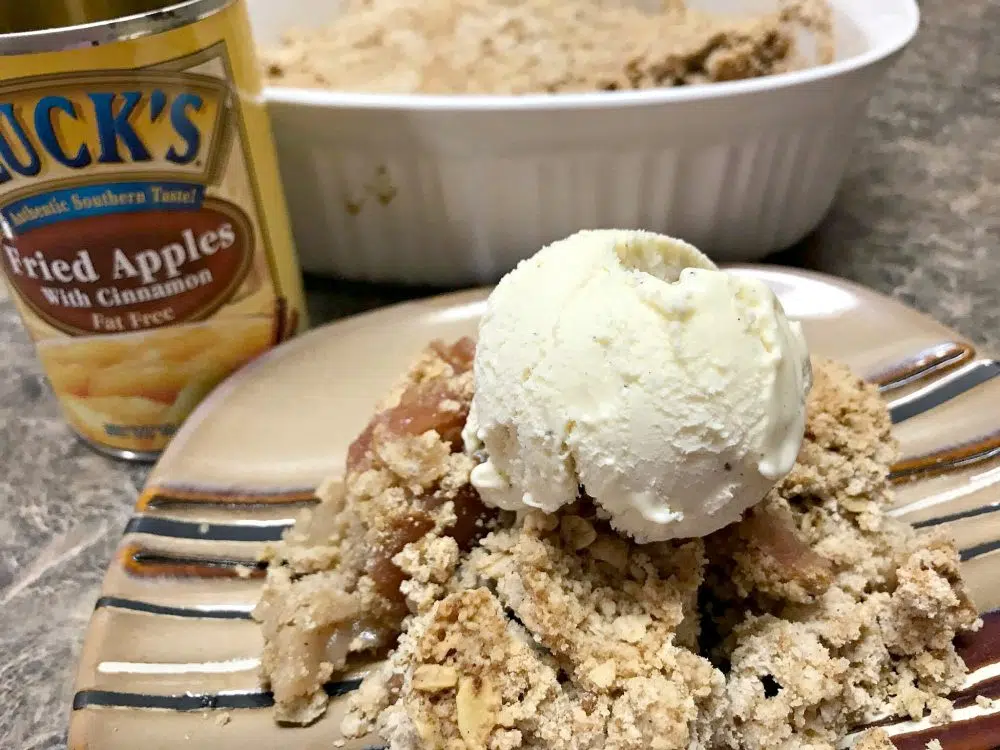 Serve your apple crisp straight out of the oven with a scoop of ice cream on top.