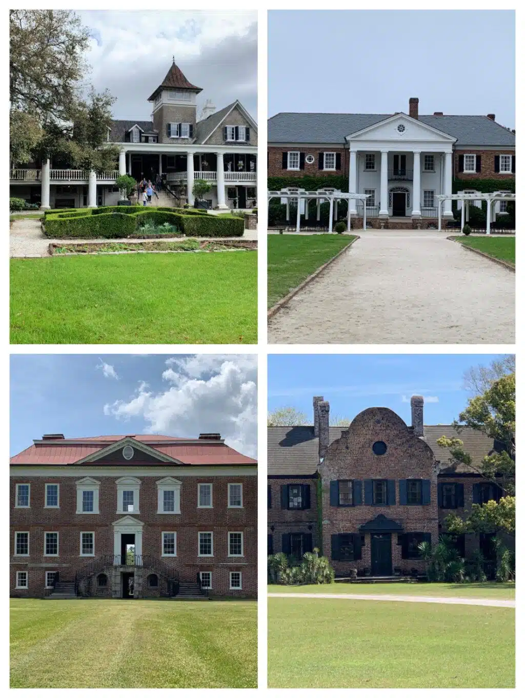 A collage of four different historical plantation houses with columns, large lawns, and distinctive architectural styles under partly cloudy skies showcases some of the top things to do in South Carolina.