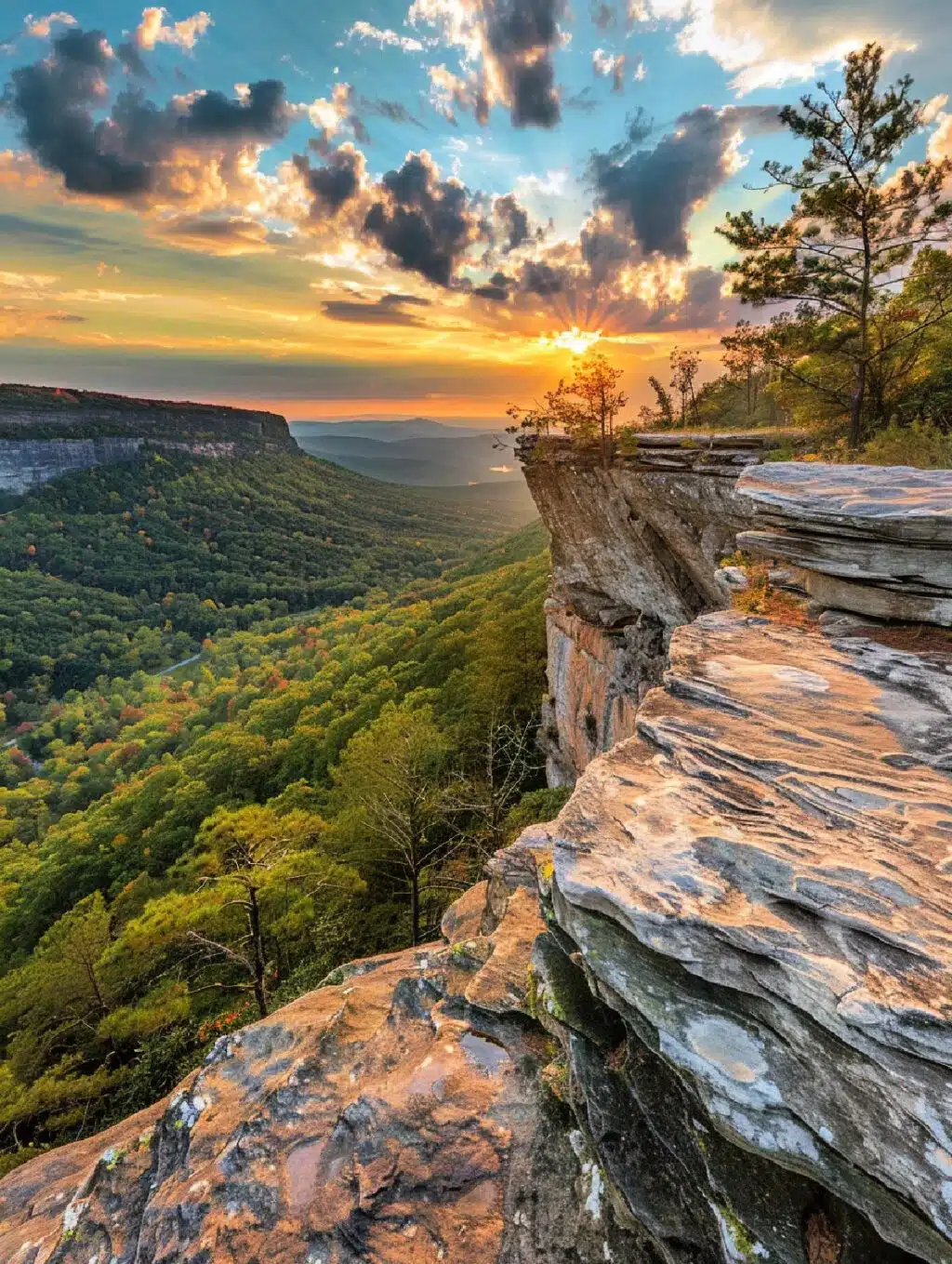 A scenic view of a rocky cliff overlooking a green valley with trees, under a sky with dramatic clouds and a setting sun—one of the many breathtaking sights among the things to do in South Carolina.