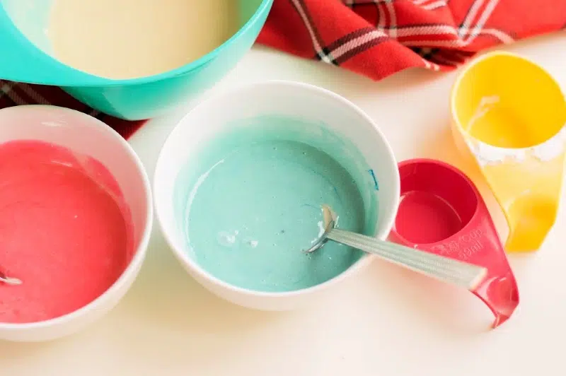 Bowls with batter and food dye