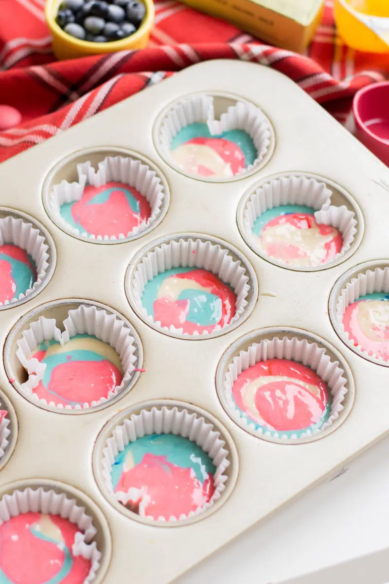 Tie Dye Patriotic Cupcakes filled muffin pan