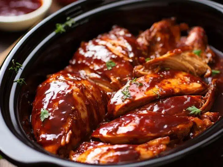 Blending savory BBQ sauce for the Crockpot BBQ Chicken recipe